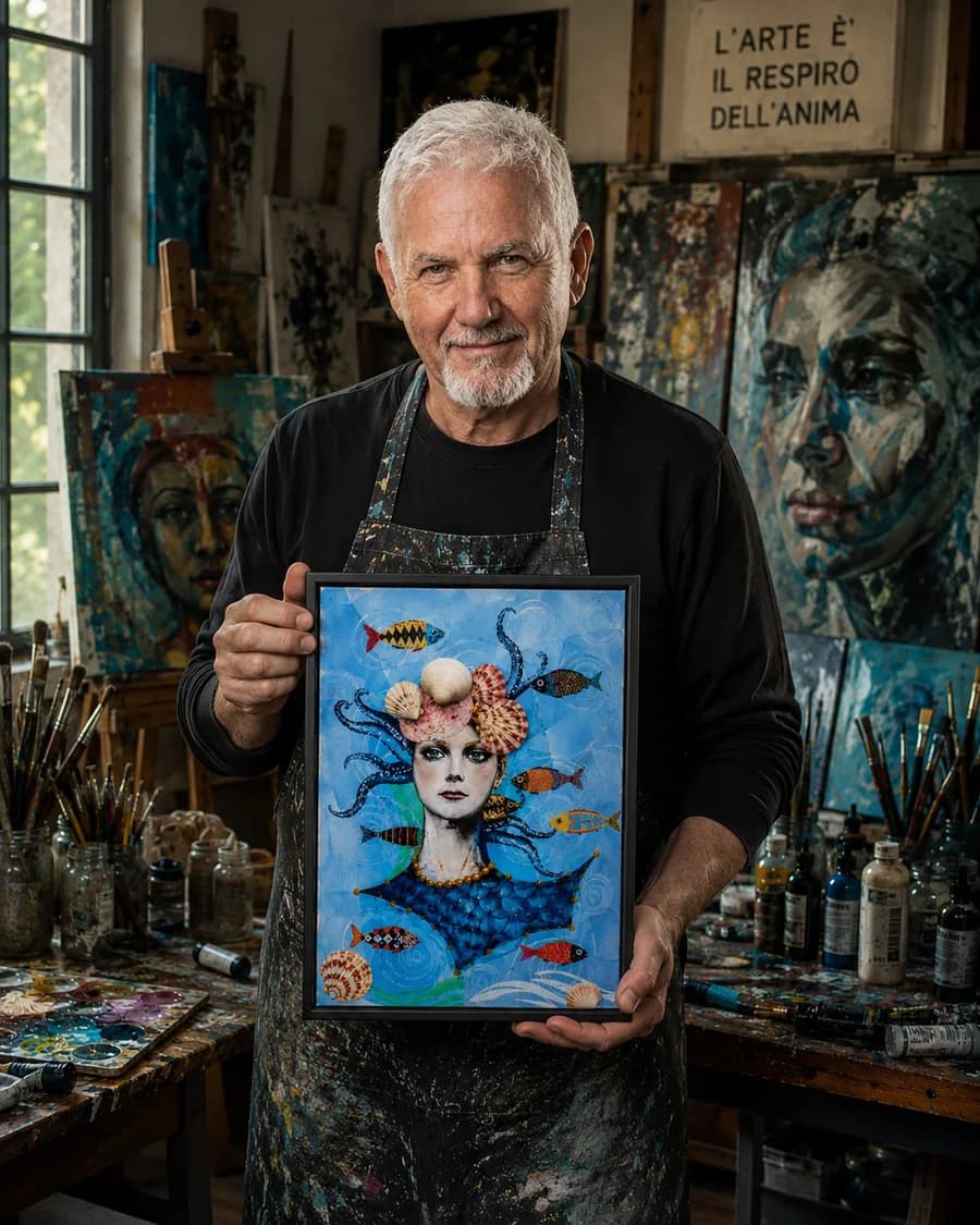 Michele D'Auria nel suo studio artistico